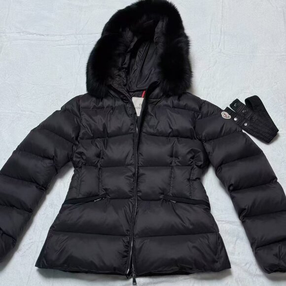 Moncler Black Fox Fur Collar Women's Slim Fit Down Jacket, Size L - Picture 2 of 9